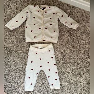 White Baby Cardigan and Pants Set with Red Hearts